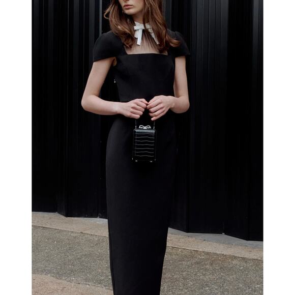 Self-Portrait Black Crepe Bow Collar Midi Dress - Picture 6 of 11